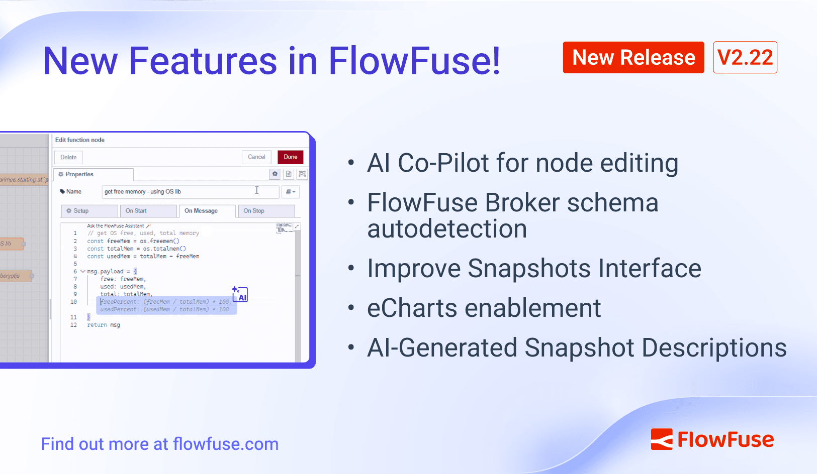 Image representing FlowFuse 2.22: AI Copilot for node editing, FlowFuse Broker schema autodetection, Improved Snapshots Interface, eCharts enablement, and FlowFuse Dashboard Updates