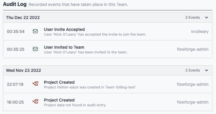 An image of the new audit log interface of FlowFuse "An image of the new audit log interface of FlowFuse"