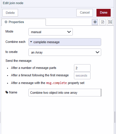 "Screenshot displaying the join node combining the income and expense object into the array"