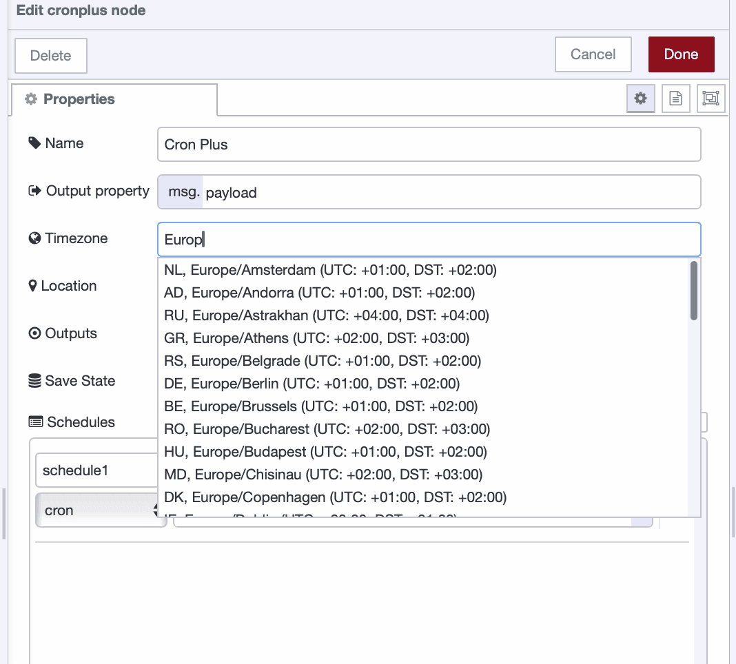 Screenshot showing the Timezone input field in the cron-plus node configuration with auto-suggestions while typing